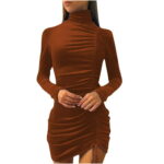 solacol Long Sleeve Dress for Women Sexy Women Sexy Fashion Turtleneck Long Sleeve Solid Color Shirring Mini Sheath Dress Turtleneck Dress Women