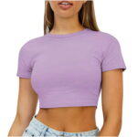 OAVQHLG3B Women Crop Cute Trendy Basic Tight Rounk Neck Crop Blouse Short Sleeve Crop Tops