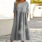 Fnochy Maxi Dresses for Women Clearance Summer Skirt Spring And Round Neck Printing Cotton And Linen Casual Short Sleeved Dress