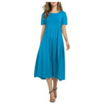 Alrise Sky Blue Women Summer Dress for Ladies Solid Color Round Neck Vestido Short Sleeve Dress Large