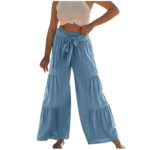 Womens High Waisted Palazzo Pants Solid Front Self Tie Knot Cotton Linen Wide Leg Pants Boho Beach Flowy Trousers