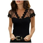 HGWXX7 Womens Tops Plus Size Women Cauasl Lace Loose V-neck Short Sleeve Top Blouse Black S