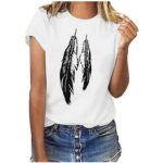 atinetok Womens Dressy Tops Feather Graphic Casual Dressy Tshirts Casual Loose Tunics Short Sleeve Round Neck Women Blouse