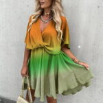 Yilirongyumm Yellow XXL Casual Dresses For Women Mini Dress Print Batwing Sleeve Overlap Flowy Swing Dress Summer Beach Ruffled Dresses Casual Party Dresses