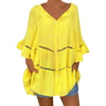 Daznico Blouses for Women Women s Plus Size Solid Cotton And Linen Hollow Out V Neck Round Neck Pullover Tops Shirt Womens Tops Yellow S