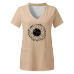 Wiueurtly Womens Plus Size Top V Neck Short Sleeved Pockets Prints T Shirt Cotton Short Shirts Women Tops plus Size