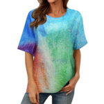 uikmnh Women s Blouse Women s Tie Dye Round Neck Raglan Sleeve Hem Slit Loose Short Sleeve Shirt Blue M