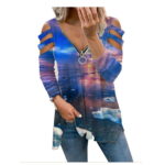HGWXX7 Womens Tops Plus Size Women Zipper V-Neck Long Sleeve Hollow Casual Printed T-shirt Top Blouse Shirt Blue XL