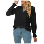 CYMMPU Solid Color Shirts V-Neck Fall Sweatshirt Trendy Pullover Long Sleeve Plus Size Tops Spring Clothes for Women 2023 Plus Size Tops Fashion Black S
