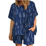 Womens Linen 2 Piece Outfit Short Sleeve Round Neck Tops Pullover and Pockets Shorts Outfits Tracksuits Loungewear A1