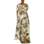 HGWXX7 Summer Dresses For Women Stylish Plus Size Women Round Neck Half Sleeve Flower Print Robes Style Kaftan Loose Long Dress