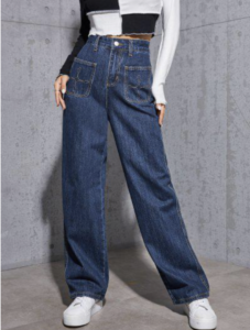 Dark blue jeans with forward facing buttons