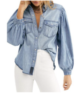 Loosely buttoned blue denim over-shirt
