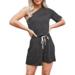 Womens One Shoulder Plain Shorts Jumpsuits Elastic Waist Drawstring Short Sleeve Loose Summer Pockets Shorts Rompers