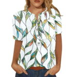 Dtydtpe Ladies Tops And Blouses Summer Casual Printed Button Neckline Tee Shirt Loose Short Sleeve V Neck Tops T Shirts Women s plus Size Summer Tops plus Size Shirts for Women Low Back Tunic Leng