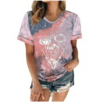 Cotonie Women s Summer Tops Loose Tie-dye Print Crew Neck Short Sleeve Top Blouse