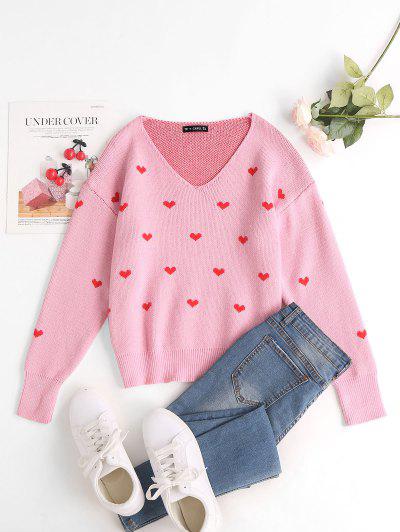 V neck Valentine's heart sweater light pink