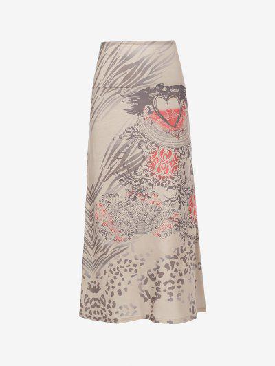 Vintage Abstract Print A Line Maxi Skirt Light coffee