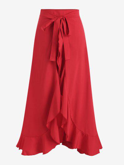 Tie Front Ruffles Overlap Lined Long Skirt Red