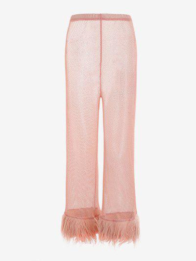 Metallic fishnet furry capri wide leg pants light pink