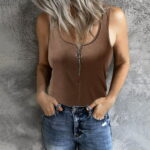 Ruidigrace Womens tops Sexy Gradient Fit Slim Vest Low Collar Button Down Sleeveless Tank Sexy Fashion Zipper Collar Vest Blouse Brown L