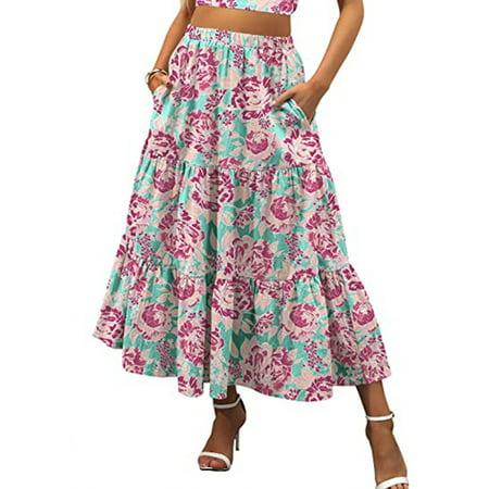 Boho Elastic High Waist A Line Ruffle Swing Maxi Skirt