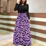 ERTUTUYI Women Elegant Casual Print Long Sleeve Round Neck Ladies Holiday Evening Party Party Splice Long Dresses Purple L