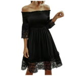 Black Dresses for Women 3/4 Sleeve Off The Shoulder Casual Midi Dress High Waist Smocked A Line Cocktail Lace Dress