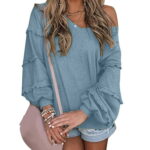 Sunhillsgrace T-Shirts For Women V-Neck Long Sleeve Blouse Loose Fit Tunics Ruffles Off Shoulder Knit Solid Color Tops Fall Tee Shirts Tee Shirt Top Blouse