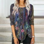 Fashion Leisure Positioning Printed Button Irregular Hem O-Neck Long Sleeve T-Shirt