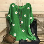 Woman Vintage Cotton-Blend O-Neck Short Sleeve Floral Print Top T-shirts Blouse