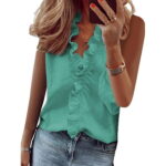 Ladies Fashion Sleeveless Tank Tops Frill Ruffle Neckline Basic Shirt Summer Tee T-Shirt