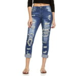 YDX Smart Jeans High Waisted Casual Comfy Ripped Repaired Denim Medium Blue C Size Juniors 7