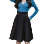 Casual Mini Waist Flared Plain Pleated Skater Skirt black XXL，G157697