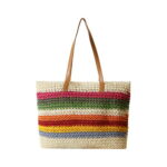 Bxingsftys Stripe Rainbow Straw Tote Bag Handmade Woven Beach Holiday Shoulder Handbag