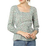 Allegra K Junior s Floral Square Neck Long Sleeve Casual Pullover Blouse Tops