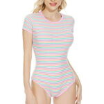 CutiePlusU Cotton Adult Romper Onesie Button Crotch Bodysuit Pajamas- Rainbow Pink XL