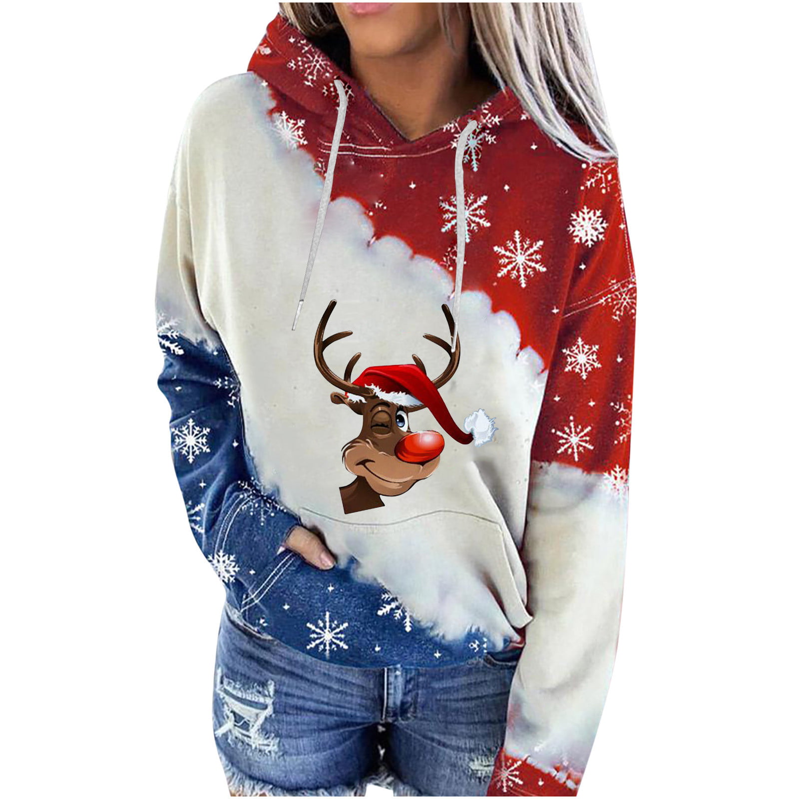 Christmas Deer Printed Drawstring Loose Cowgirl Hooded Sweatshirt Long Sleeve with Pocket