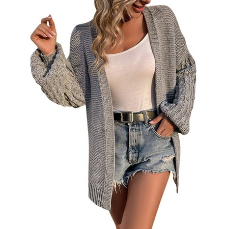 Casual Fashion Thick Solid Color Knit Cardigan Sleeve Sweater Jacket Grey