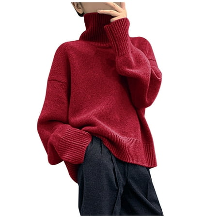 Turtleneck Long Sleeve Pullover Cable Knit Casual Soft Oversized Sweater