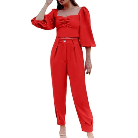 Casual Solid Color Suit Square Neck Long Sleeve Red