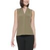 Calvin Klein Womens Green Pleated Neck Tank Shell Shirt Petites PS BHFO 9303