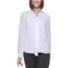 Calvin Klein Womens White Tie Neck Long Sleeve Button-Down Top L BHFO 4778