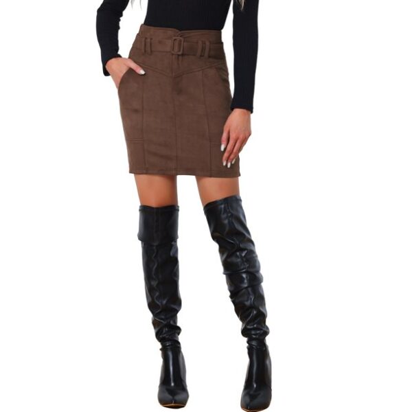 Allegra K Faux Suede Skirt for Women's Casual High Waist Belted A-Line Mini Skirts