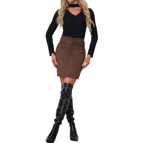 Allegra K Faux Suede Skirt for Women's Casual High Waist Belted A-Line Mini Skirts