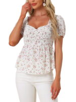 Allegra K Puff Short Sleeve Floral Blouse for Women's Sweetheart Neck Shirred Ruffle Peasant Top