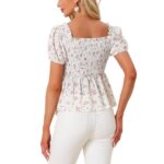 Allegra K Puff Short Sleeve Floral Blouse for Women's Sweetheart Neck Shirred Ruffle Peasant Top