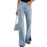 Astylish Mid Rise Jeans for Women Distressed Straight Leg Jeans Side Slit Hem Stretchy Flare Pants Boyfriend Style Black Size 12