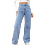 BLVB Womens High Waist Straight Wide Leg Denim Pants Loose Fit Classic Jeans Trousers with Pockets Light Blue