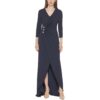 Calvin Klein Womens Navy Embellished Faux Wrap Evening Dress Gown 4 BHFO 4499